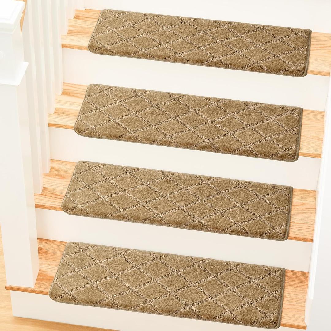 MBIGM Bullnose Carpet Stair Treads Non Slip Stair Mats for Wooden Stairs (14, Camel - Diamond, 9.5" x 30")