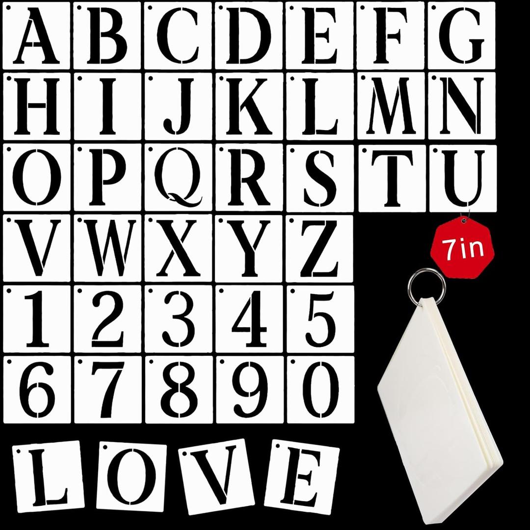 7 Inch Large Letter and Number Stencils Set - 36pcs Reusable Plastic Template Sheets for Professional Sign Making, Wood Burning, Wall Art & DIY Crafts on Wood, Fabric, Metal