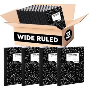 Emraw Composition Notebook Wide Ruled (12 Pack) Hard Cover Marble composition notebook, 100 Sheets, Wide Ruled Composition Notebooks, White Paper Composition books, Black and white composition notebook.