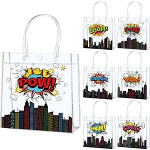 QOUBAI 24Pcs Super Themed Hero Clear PVC Gift Bags With Handles Boom Theme Goodie Treat Candy Bag Hero Present Wrap Tote Bags for Birthday Party Favors Baby Shower Decoration Supplies 8 x 8 x 3in