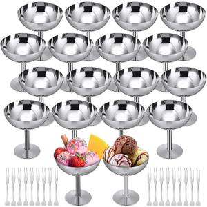 Reallnaive 18 Sets Stainless Steel Ice Cream Cups Bulk Silver Dessert Bowls with Forks 6.7 oz Small Metal Footed Cup for Serving Pudding Salad Fruit Sundae Summer Birthday Party Supply
