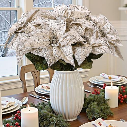 Alupssuc 8 PCS 17in Poinsettia Flowers Artificial, Large Glitter Christmas Flowers, Indoor & Outdoor Faux Poinsettia Bouquet Christmas Decorations for Xmas Tree Vase Table Porch Decor, Champagne