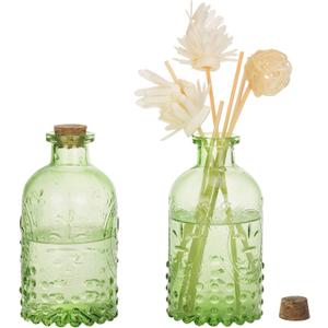 MyGift Vintage Embossed Green Glass Small Reed Diffuser Bottle with Cork Lid, Decorative Flower Bud Vase, Set of 2