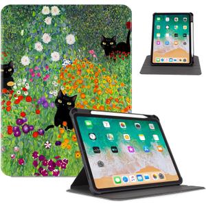 Rotating iPad Air 11 inch Case (M3/M2), iPad Air 5th/4th Generation 10.9 Inch 2022/2020,360 Degree Rotating Multi-Angle View Stand Pencil Holder Case for iPad Pro 11-inch, Flower Garden Cat