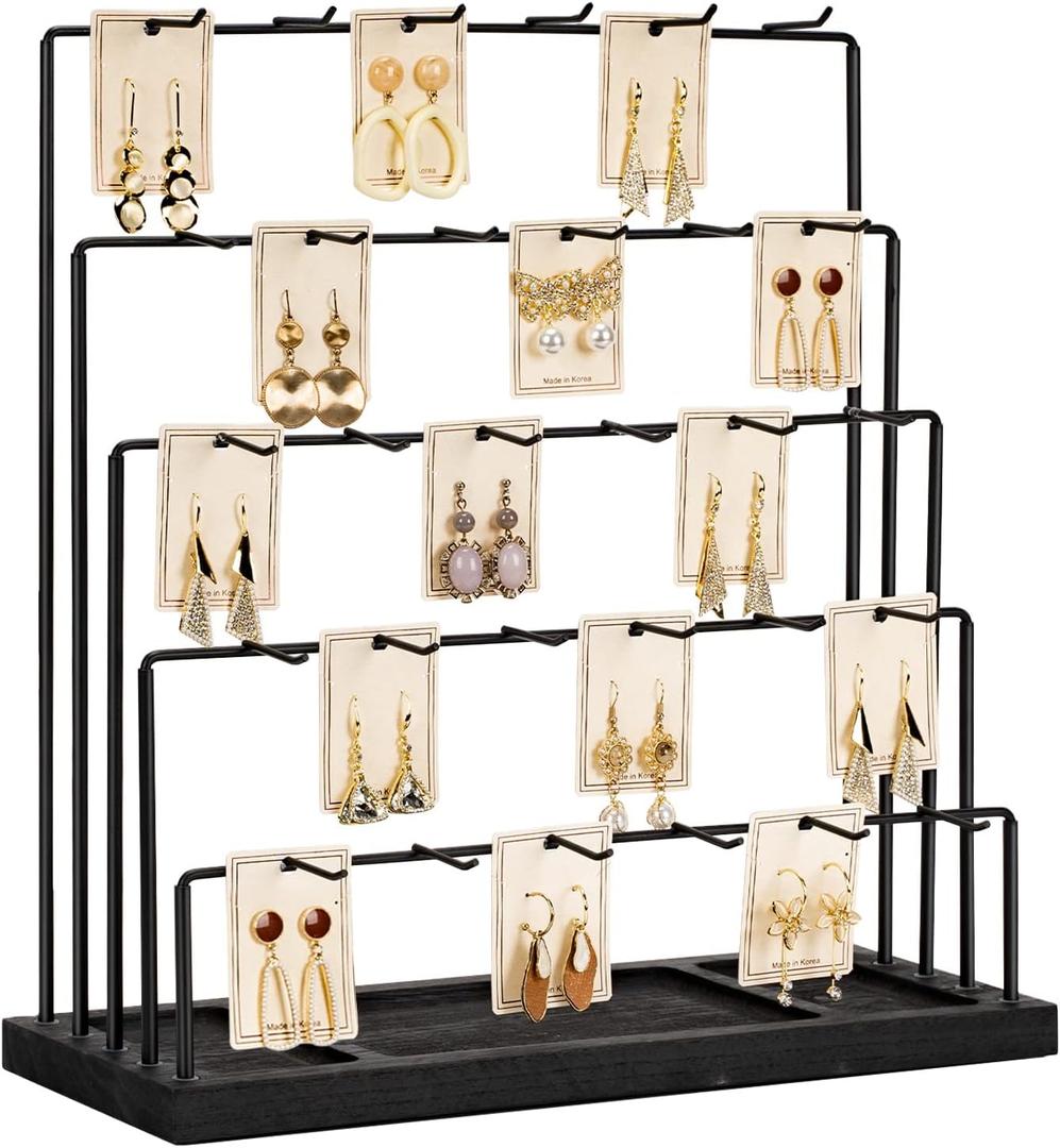 DGWJSU Earring Display Stands for Selling, Earring Rack Display Holder Stand, Jewelry Display for Selling Earring Cards, Bracelets, Hair Accessories, Rings, Necklaces (Black Wood, Common Size)
