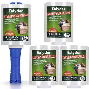 4-Pack Industrial Mini Stretch Wrap Film 80 Gauge 5.1" 1000ft, Self-Adhering Clear Hand Stretch Wrap with Plastic Handle for Packing, Shipping, Moving & Pallet Bundling