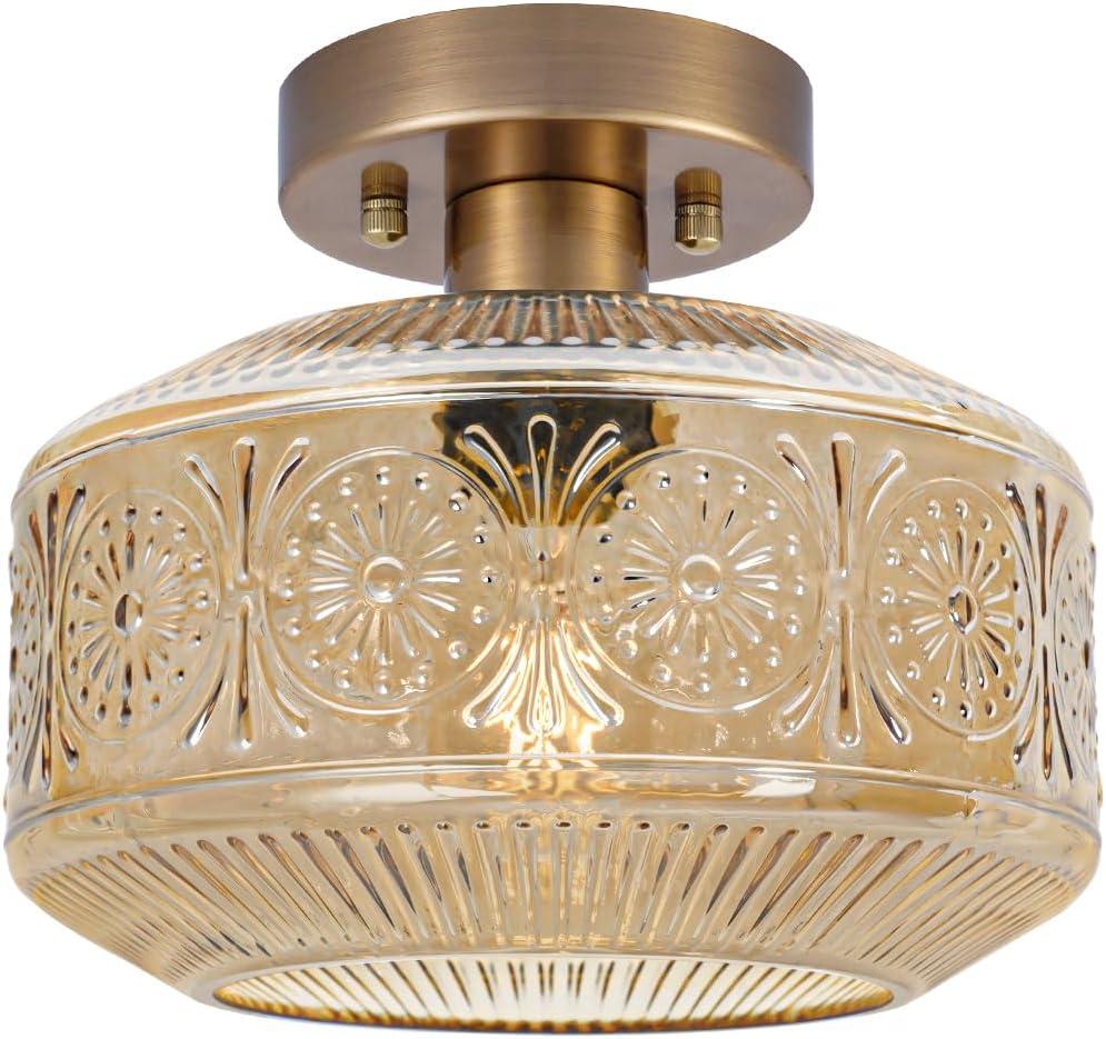 Semi Flush Mount Ceiling Light, Vintage Small Ceiling Light Fixture, Thickened Glass Hallway Lighting Fixture, Brass Kitchen Ceiling Mount Lighting with Amber Glass for Bedroom, Bathroom, Porch (9.45in)