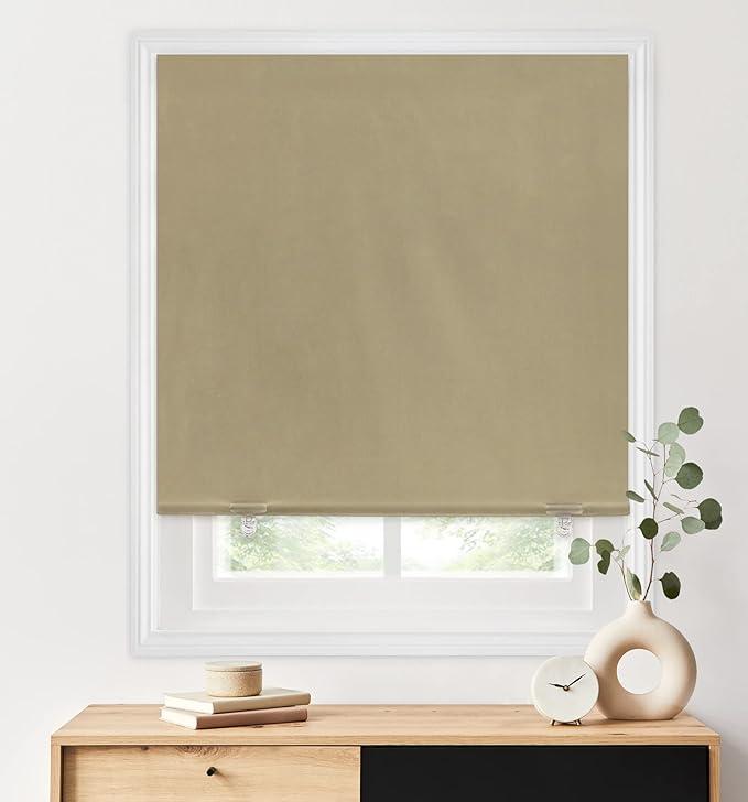 LazBlinds 100% Blackout Roller Shades, No Tools No Drill Cordless Blinds for Windows, Thermal Insulated UV Protection Privacy Window Shades for Bedroom (48''W x 72''H, Beige)