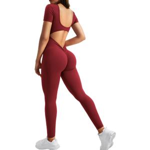 YEOREO Short Sleeve Jumpsuits for Women Lizvette Padded Workout Rompers Sexy Backless Gym Bodycon (Small, Burgundy)