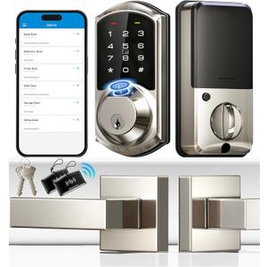Veise Fingerprint Smart Locks for Front Door with 2 Lever Handle Set, App Control, Keyless Entry, Electronic Digital Keypad Deadbolt, Auto Lock, Waterproof, Easy to Install, Satin Nickel
