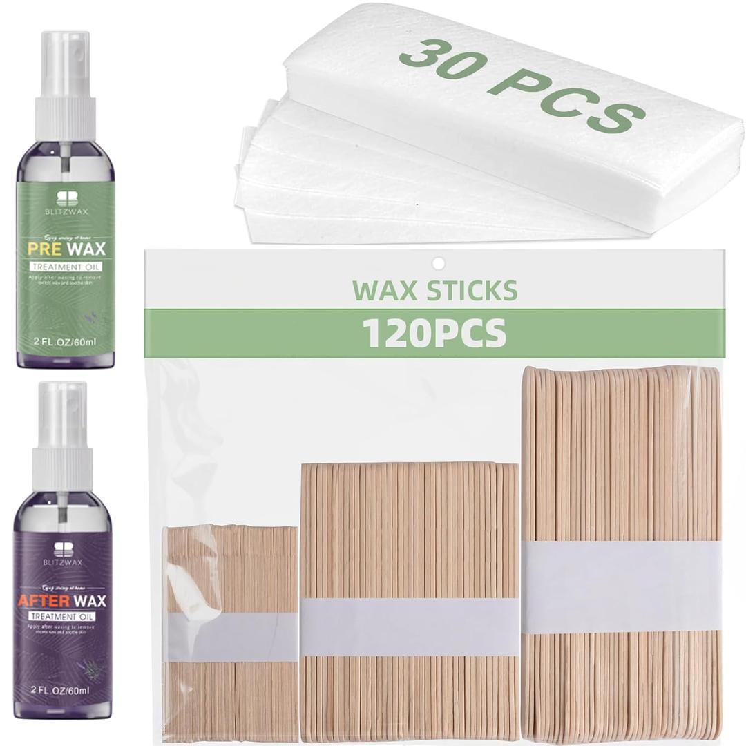 BLITZWAX Wax Kits with 120pcs Wooden Sticks for Hard Wax Hair Removal, Eyebrow Large and Small Applicators for Face, Body, and Lip, with 30 Wax Papers and Oils, Ideal for Womens At-Home Waxing (Orange)