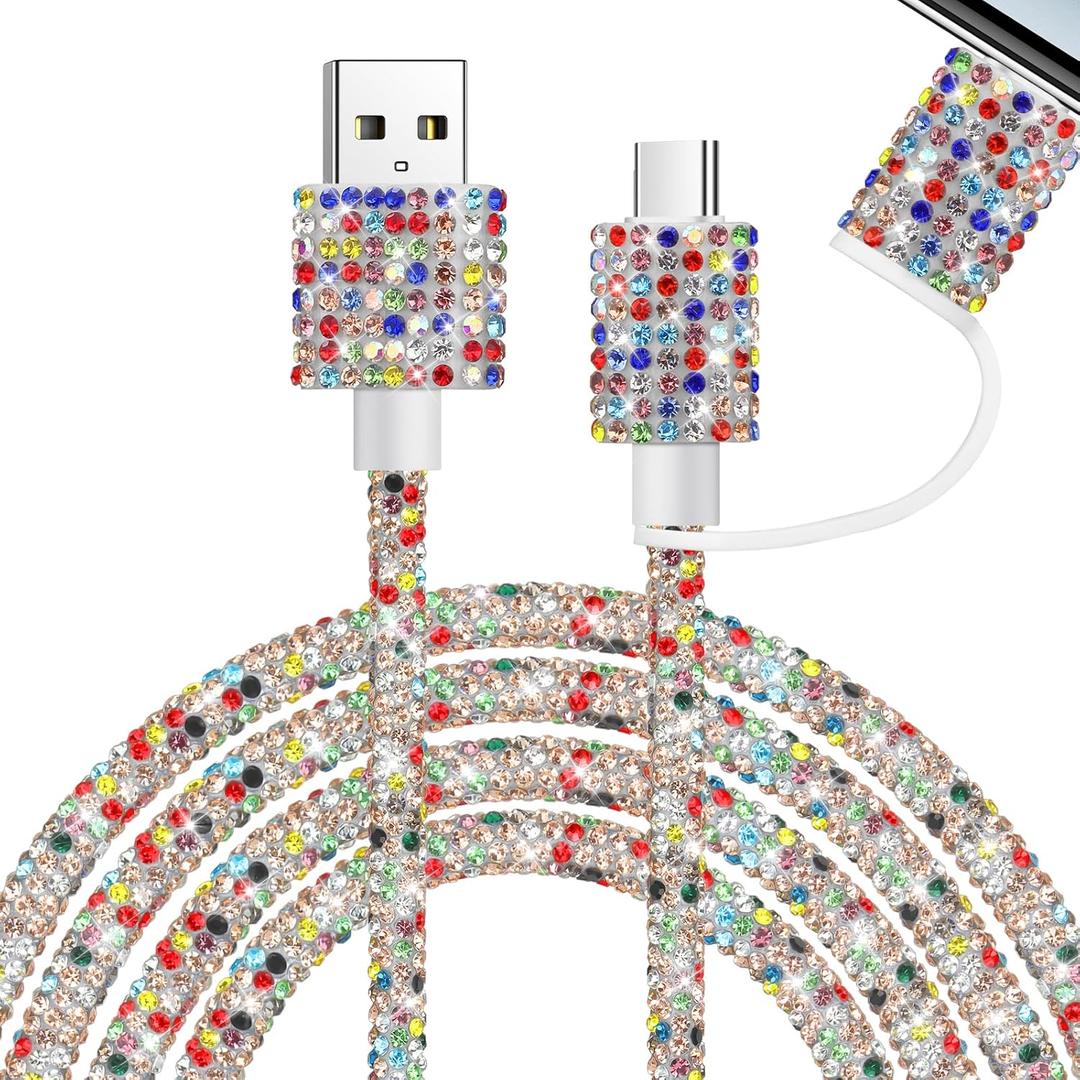 Aolcev USB C Cable Bling for iPhone Charger Cord 2 in 1 Fast USB A to USB C Charging Cord 4FT Multi Type C Sparkling Diamond Phone Charger Cable for iPhone 17 16 15 Pro Max Plus Galaxy S25 Colored