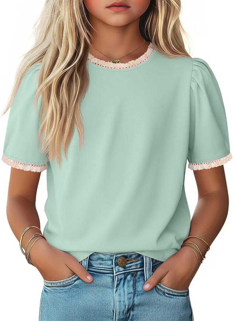 Girls Lace Lettuce Trim Shirt | 5-14Y, Teen Top, Puff Short Sleeve, Kids Tween, Boho Summer Clothes, Cute, Soft, Lightweight, Casual, Comfortable (Green)