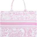 Fashion luxury tote bag cotton linen one shoulder handbag large capacity jacquard embroidery retro exquisite graffiti (Pink)