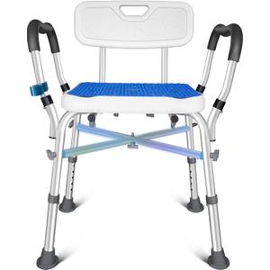 KingPavonini Shower Chair for Inside Shower, 550LBs Heavy Duty Bath Chair with Arms, Medical Shower Seat, Bath Stool Safety Shower Bench with Reinforced Crossing Bar for Elderly, Adults, Disabled (White+blue)