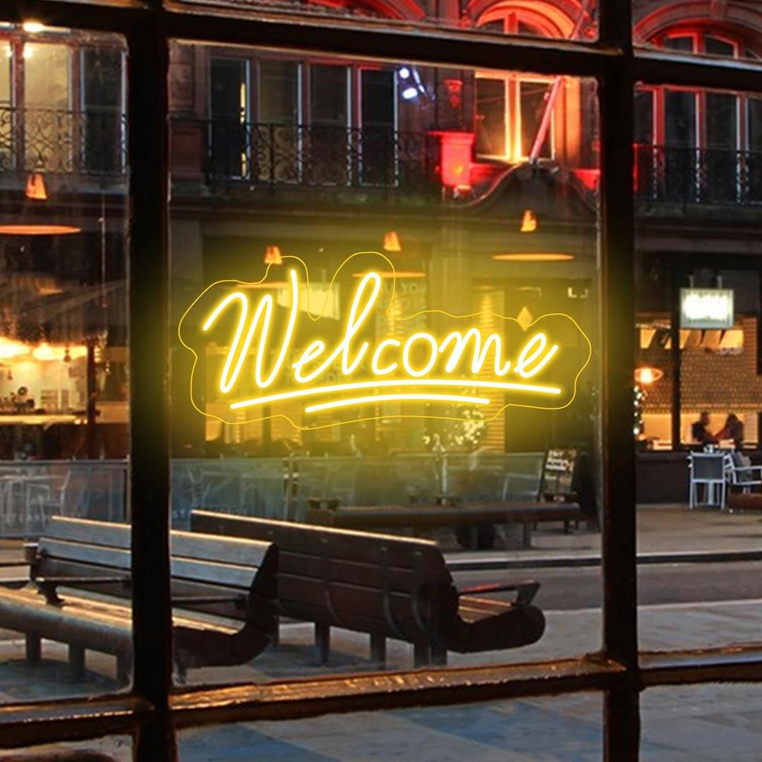 Welcome Neon Sign LED Neon Light for Business Light up Business Sign for Storefront Window Glass Shop Florists Bar Salon Cafes Restaurant Pubs, Housewarming Birthday Party Gifts(16'', Warm White)