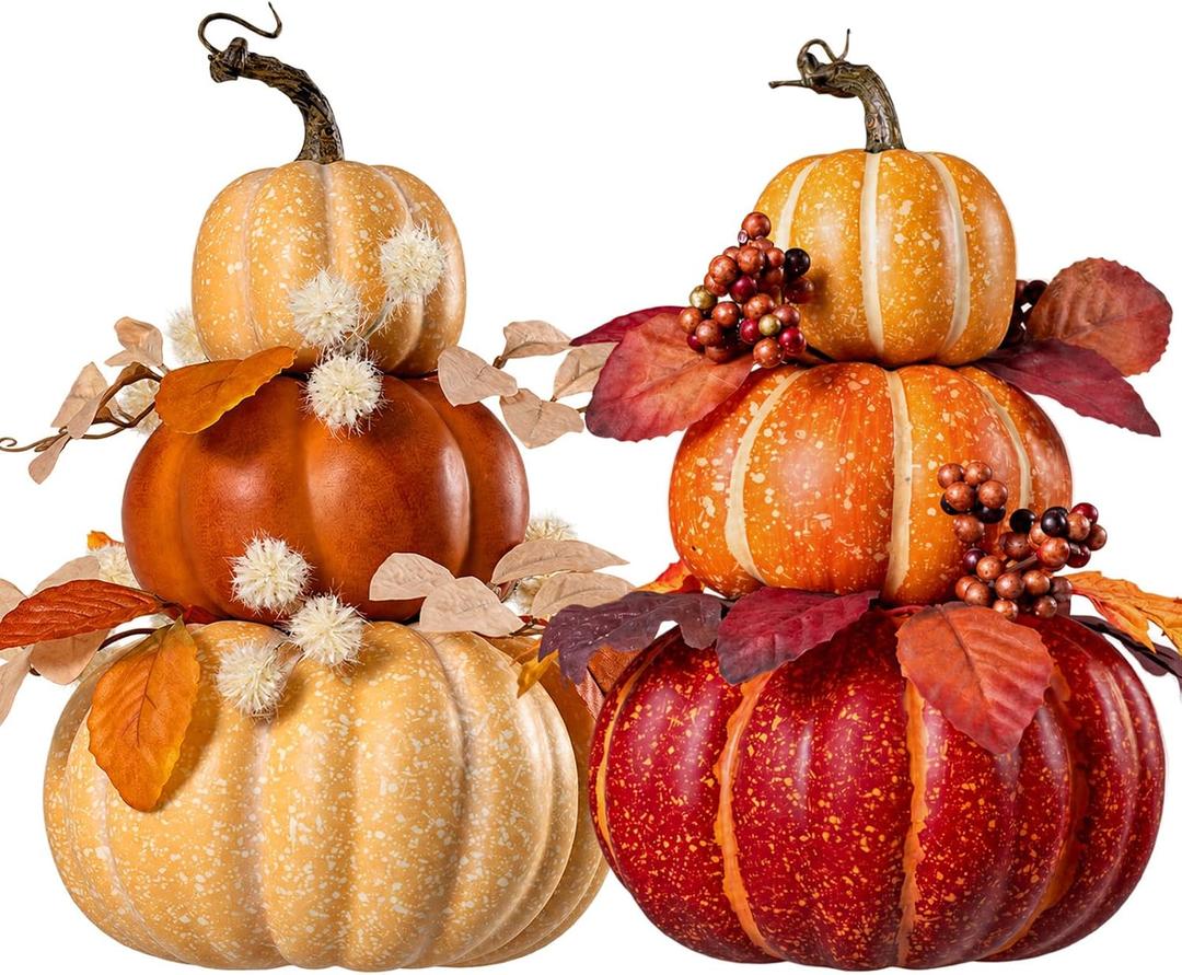 2Pcs 14" Large Stacked Pumpkin Tower Decor, Light Yellow & Orange Hard Foam Artificial Pumpkin Topiaries with Maple Leaves Wheat, Fall Ornament for Halloween Thanksgiving Table Porch Decor
