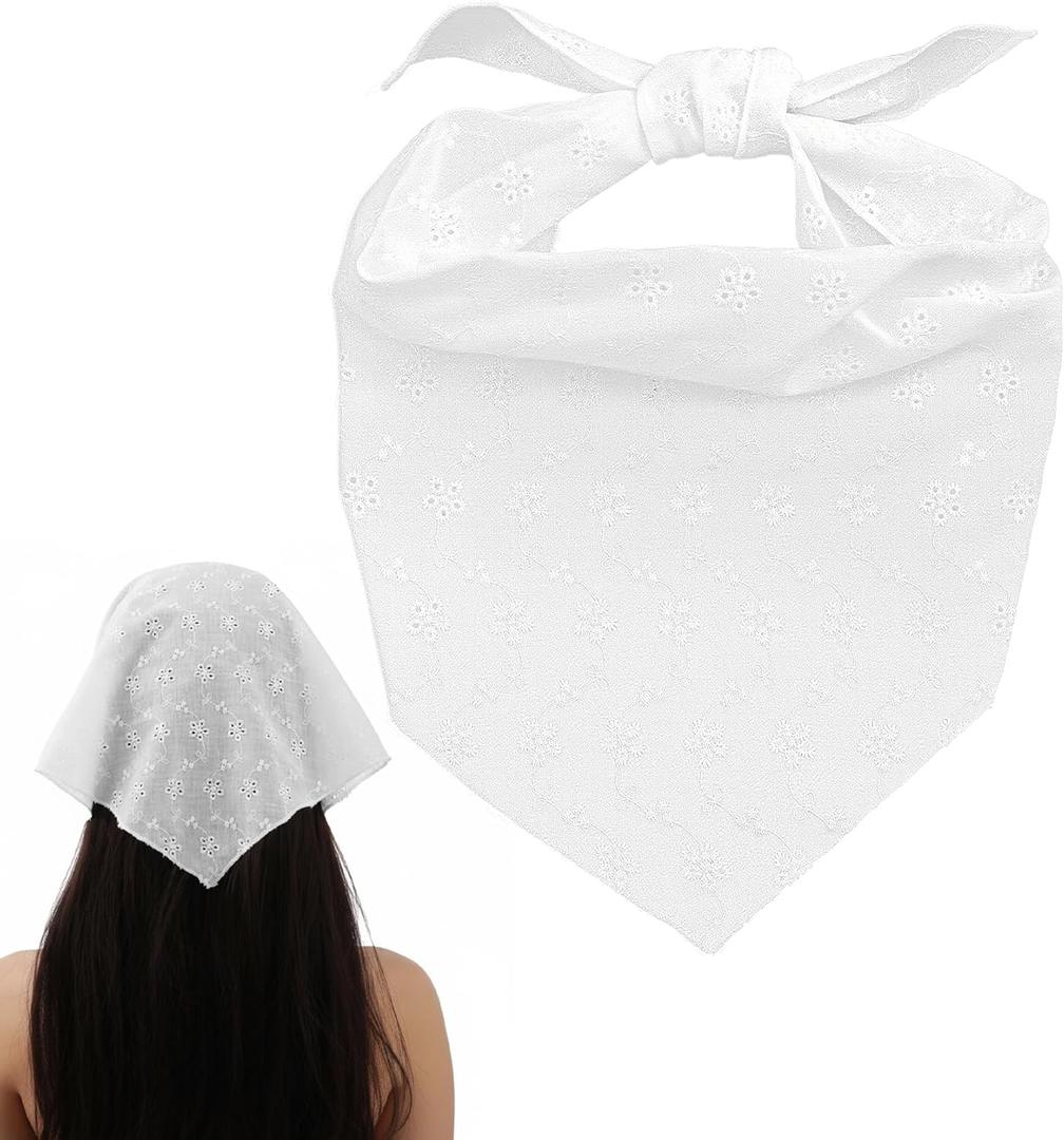 White Hair Bandana, White Bandana Headband Head Scarf for Women Trendy Breathable Hair Scarf, Cute Flower Printed Eyelet Embroidered Design for Summer Casual Outfits