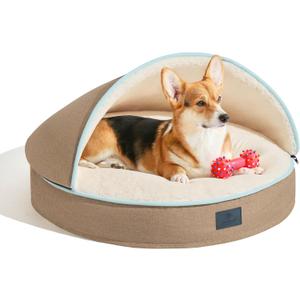 Veehoo Dog Cat Cave Bed with Hooded Cover, Cozy Cave Burrow with Anti-Slip Bottom for Small Medium Dog Cat Pet, Khaki 26 (26.0"L x 26.0"W x 4.0"Th)
