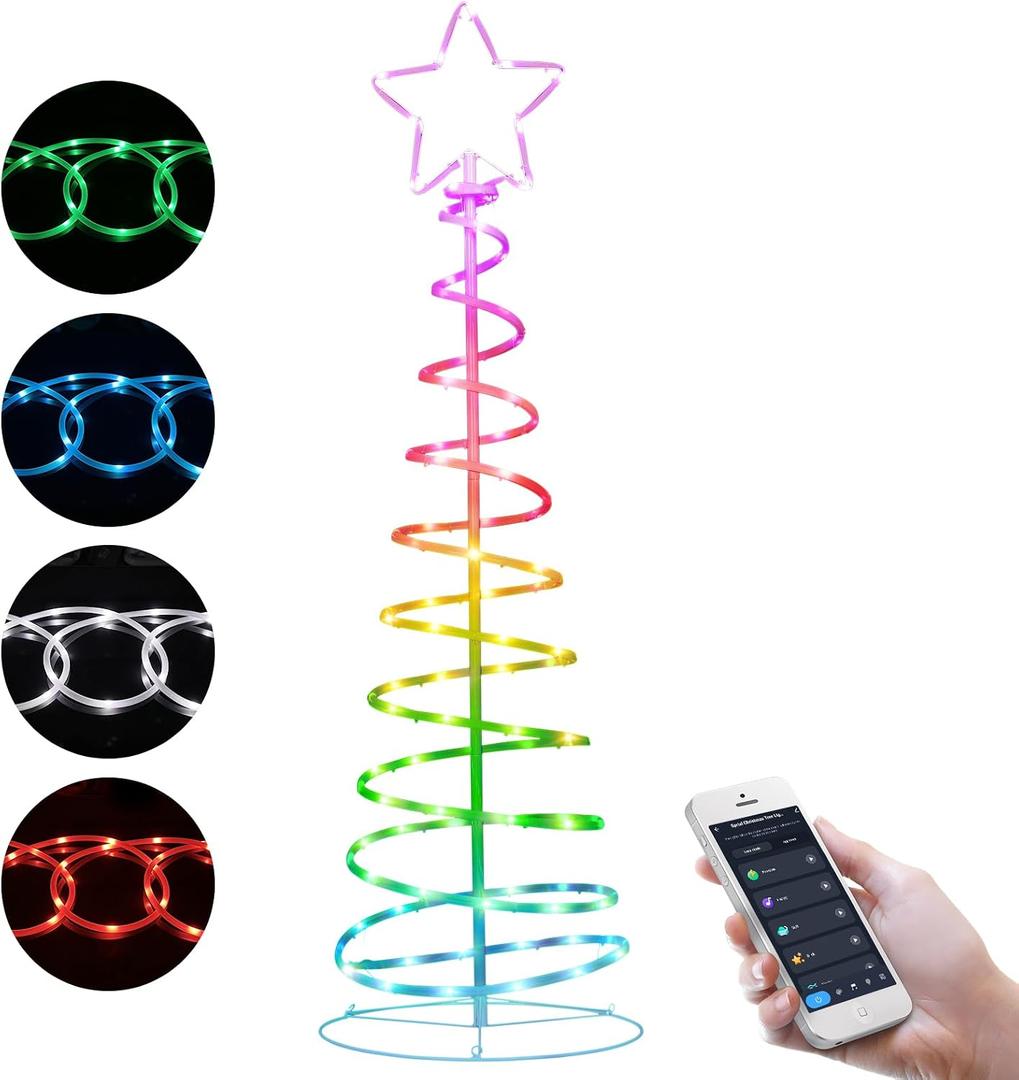 5FT Spiral Outdoor Lighted Christmas Tree, RGB+IC LED Neon Lighted Artificial Tree with 40 Scene Modes and Music Sync, Smart App Control Outdoor Christmas Decorations for Pation Yard Porch