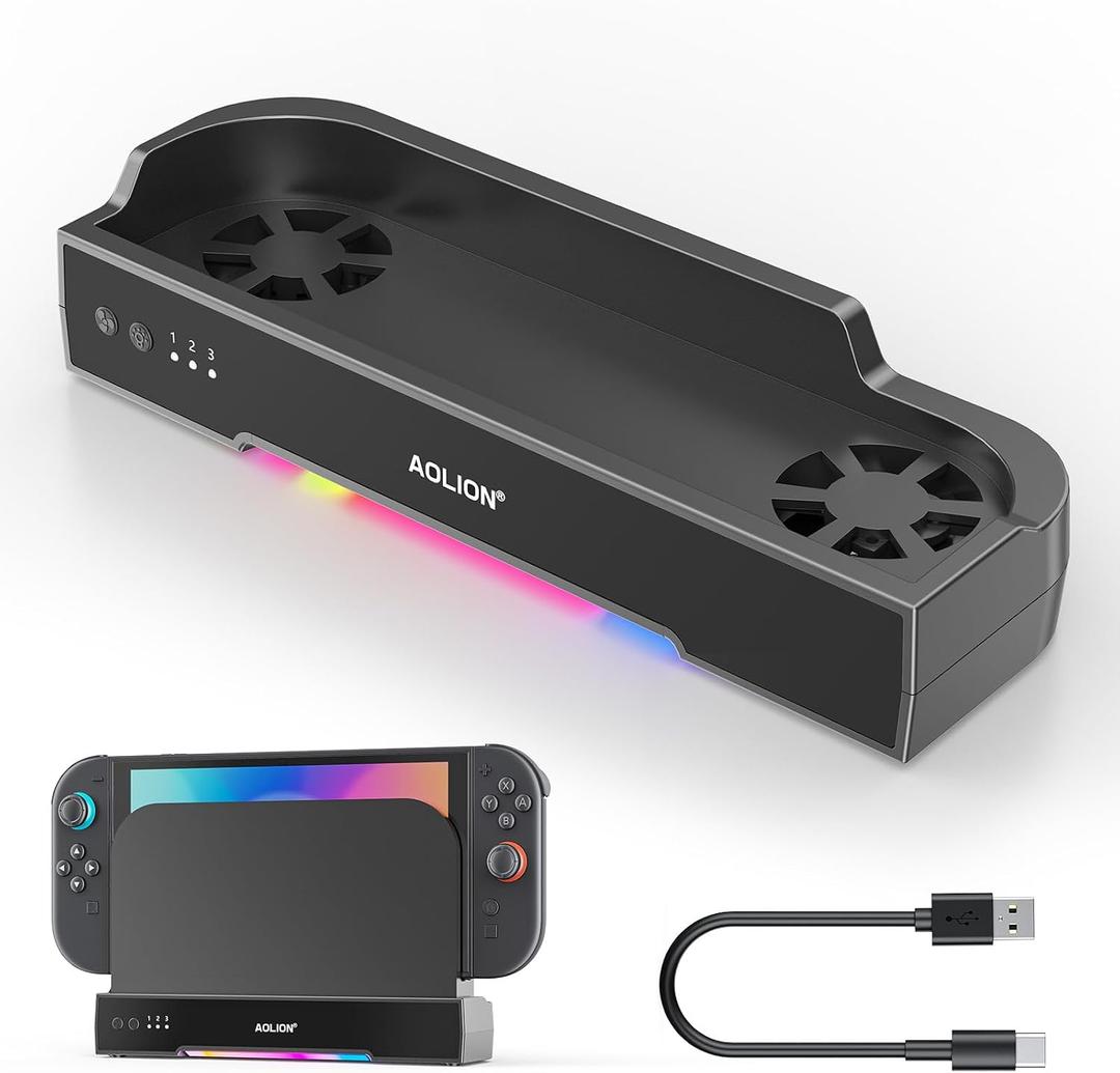 Cooling Fan Dock for Switch 2 Console, Dual-Fan Cooling Base Compatible with Switch 2, 3 Adjustable Speeds, 8 RGB Lighting Modes, Open Airflow Design, Wall Mountable, Includes Type-C Cable