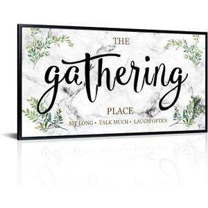 iLOOKLiKE The Gathering Place Sign Wall Art Rustic Gather Canvas Prints Sit Long Talk Much Laugh Often Artwork Black Floater Frame for Home Kitchen Dining Room 20"x40"