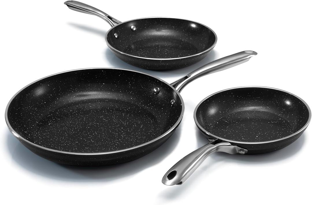 Granitestone Ceramic Nonstick Frying Pan Set 3pc 8/10/12 inch, Non Toxic Skillet, PFAS & PFOA Free Cookware Set, Induction Compatible Egg Pan, Oven Safe to 500F, Dishwasher Safe - Black