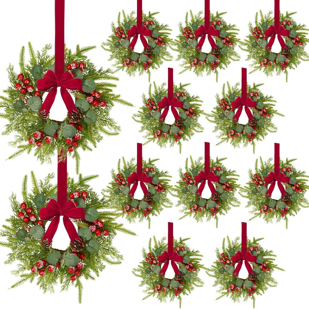 Waipfaru 12 Pcs Small Christmas Wreath, Mini Wreaths for Cabinets, Christmas Wreaths for Windows Kitchen Front Door Candle Rings Fireplaces Table Centerpiece Indoor Outdoor Decorations