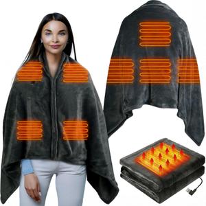 USB Heated Blanket Electric Throw, 59" x 31" Electric Heated Shawl Poncho Wrap Blanket with Zipper, Soft Cozy Flannel Gift Wearable Blanket for Car Office Home Travel, Standard (Black)