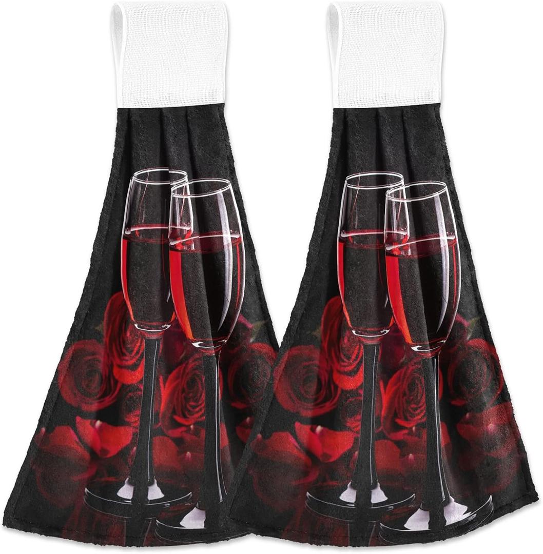 visesunny Valentines Red Wine Rose Hanging Tie Towels 2 Pack Kitchen Hand Towels Dishcloths Sets with Loop Soft Cotton Absorbent Hand Towels for Bathroom Gym Restaurant Hotel BBQ Machine Washable (Multi36)