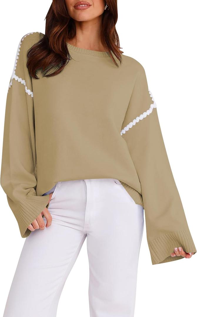 Women's Oversized Sweaters Loose Fit Fall Crewneck Color Block Knit Pullover Sweater Tops (L)