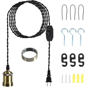 Plug in Pendant Light Cord Hanging Light kit with dimmer Switch,Farmhouse Hanging Lights19.69 ft Power Cord Length,Hemp Rope Plug in Black Hanging Light Cord,Suitable for Kitchen Island,Dining Room