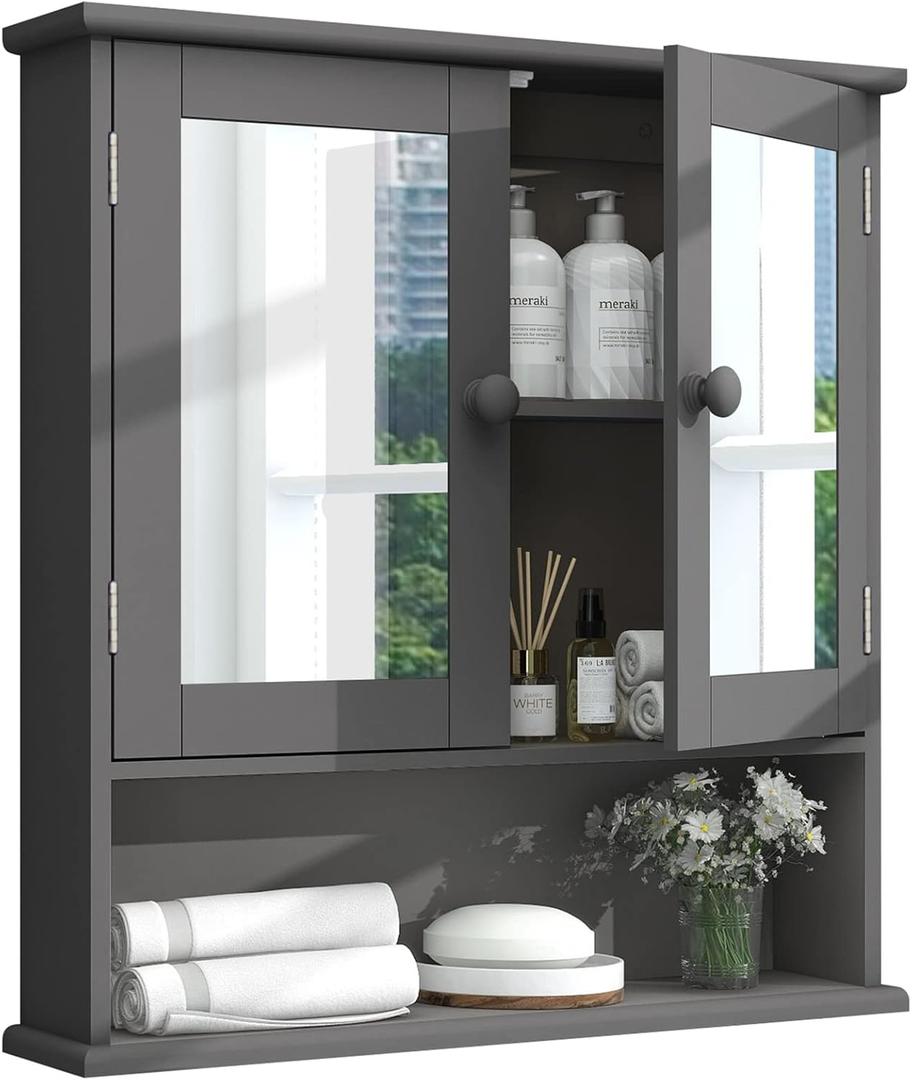 TaoHFE Grey Medicine Cabinet with Mirror, 2 Doors & 3 Open Shelves - Wall Mounted Wooden Storage Cabinet for Bathroom, Laundry or Kitchen