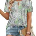 Angerella Womens Casual V Neck Short Sleeve Floral Boho T Shirts Trendy Summer Tops Pleated Tunic Blouses Bean, Green Small