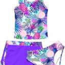 uideazone Girls 3 Piece Bathing Suit Summer UPF 50+ Racerback Swimsuit with Shorts Beach Tankini Sets 13 Years