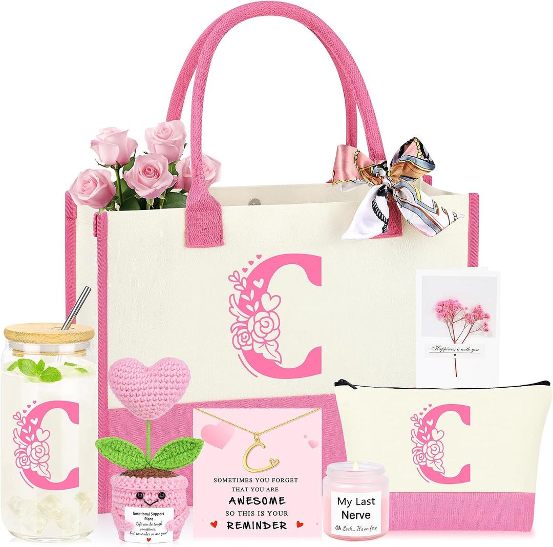 Personalized Monogrammed Customized Pink Birthday Gifts for Women, Initial C Birthday Gift Basket for Women Mothers Day Christmas Valentines Day Ideas Present for Her Set of 7