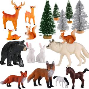 Skylety 18 Pcs Forest Animal Figures Toy Set with Trees, Woodland Animal Toys for Kids Pretend Play, Wildlife Figurines Learning Playset for Toddlers Classroom Diorama Party Decorations
