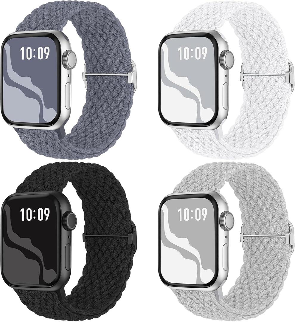 Braided Stretchy Solo Loop Compatible for Apple Watch Band 38mm 40mm 41mm 42mm 44mm 45mm 46mm 49mm for Women Men, Nylon Elastic Straps Wristbands for iWatch Series 10 9 8 7 6 5 4 3 11 Ultra/SE 3 2 1 (Black/BlueGrey/White/Titan Gray)