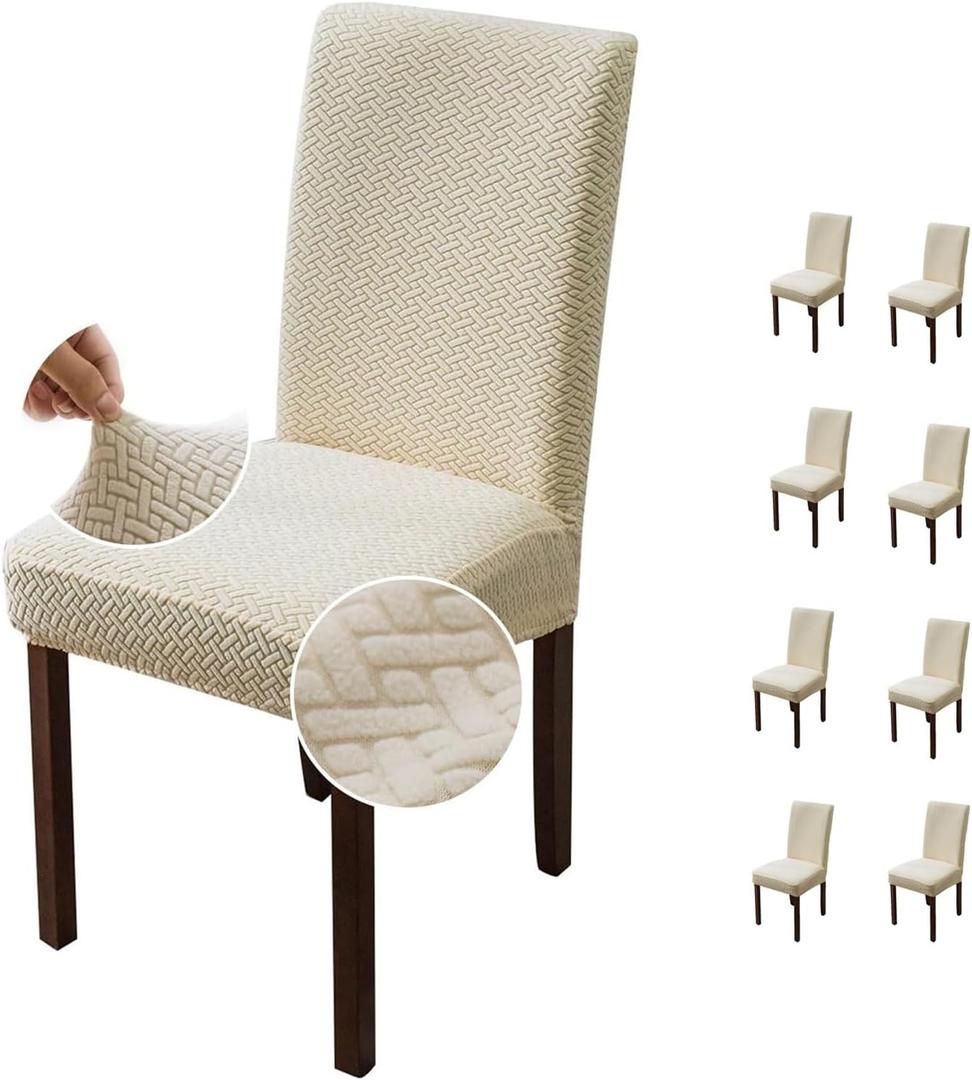 8-Piece Waterproof Dining Chair Cover, Long Checkered Jacquard Chair Cover, Fully Wrapped Detachable seat Protection Cover, Suitable for Dining and Living Room Chairs (Beige)