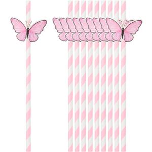 uxcell 40Pcs Butterfly Stripe Paper Straws, Drinking Straws Cake Decorations for Wedding Birthday Party Supplies, Pink