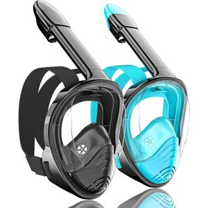 QingSong Full Face Snorkel Mask for Adults, Snorkeling Gear with Camera Mount, 180 Degree Panoramic View Snorkel Set Anti-Fog Anti-Leak (Small-Medium, 2 Pack - Black+Black Green)