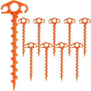 Tent Stakes Ground Anchors Screw in, 10 Pack Sand Stakes for Beach 9.4 Inch Heavy Duty Spiral Tent Pegs for Camping, Party, Hiking, Outdoor Decoration (10, Orange)