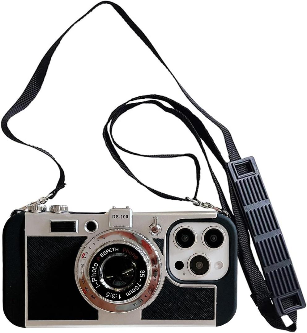 Yatchen Camera Case Compatible with iPhone 16 Pro Max, Cute 3D Vintage Camera with Lanyard Adjustable Shoulder Strap Girls Women Unique Cool Silicone PC Cover Black