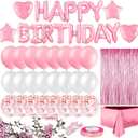 MOVINPE Pink Birthday Party Decoration, Happy Birthday Banner, Rose Gold Fringe Curtain, Foil Tablecloth, Heart Star Foil Confetti Balloons, 10g Table Confetti for Women Girl Birthday Party