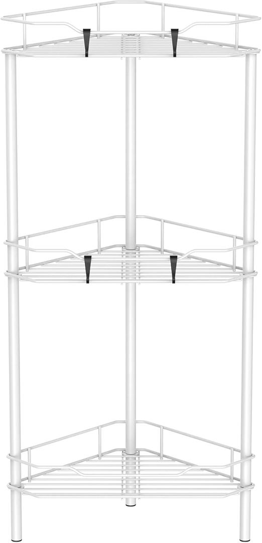 HuggieGems 3 Tier Floor Standing Corner Shower Caddy Organizer Shelf with Hooks, Bathroom Shelves Stand Rack, White