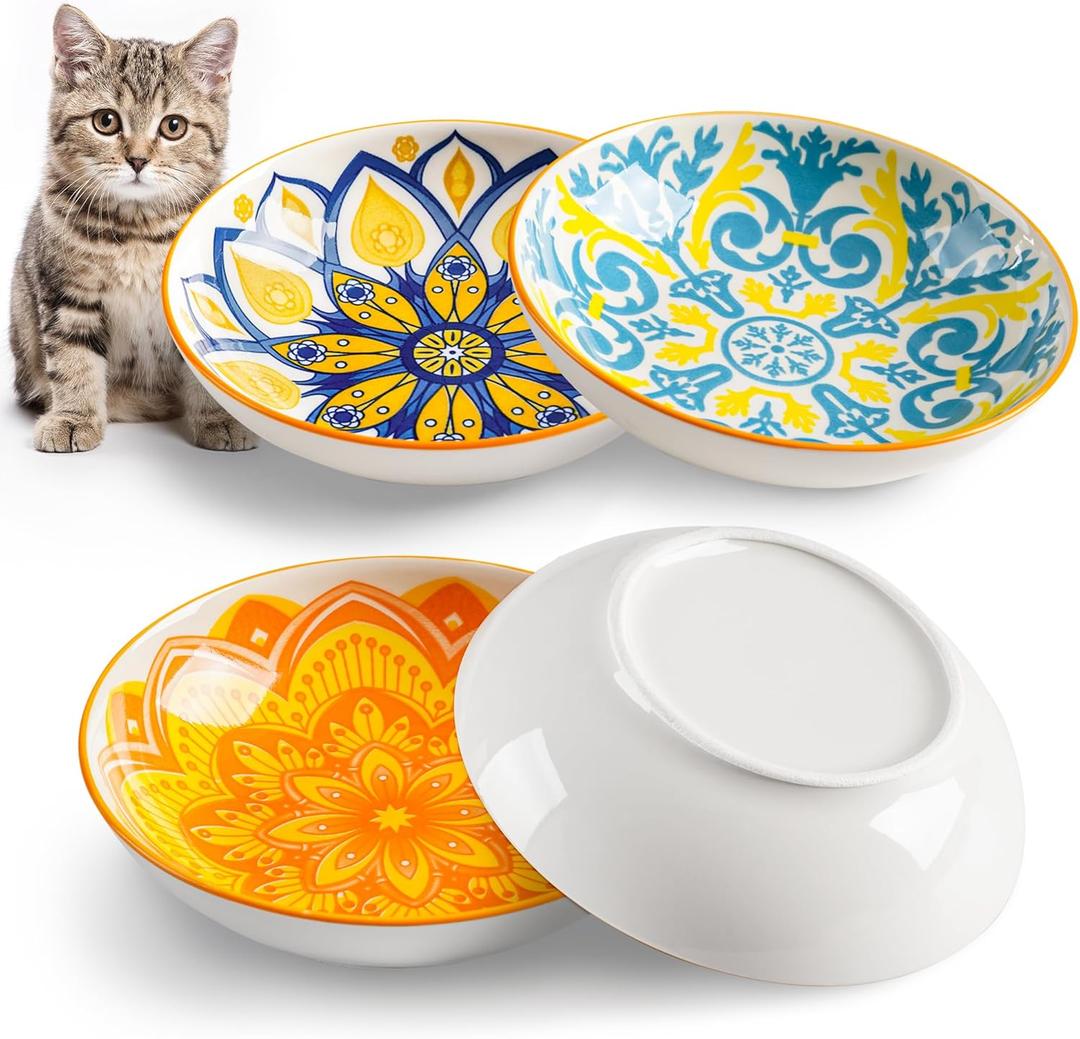 Cat Bowls, Ceramic Cat Food Bowl Set with Silicone Ring, Non-Slip Cats Dishes or Cute Plates for Feeding Indoor Cats, Kitten, Small Dogs (Bohemian-4 Pack, 5.5 Inches)