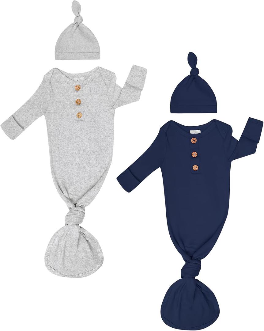 Newborn Knotted Sleep Gown with Hat, Soft Baby Nightgown with Mitten Cuffs, Hospital & Coming Home Outfit (X-Small, Hawthorn)