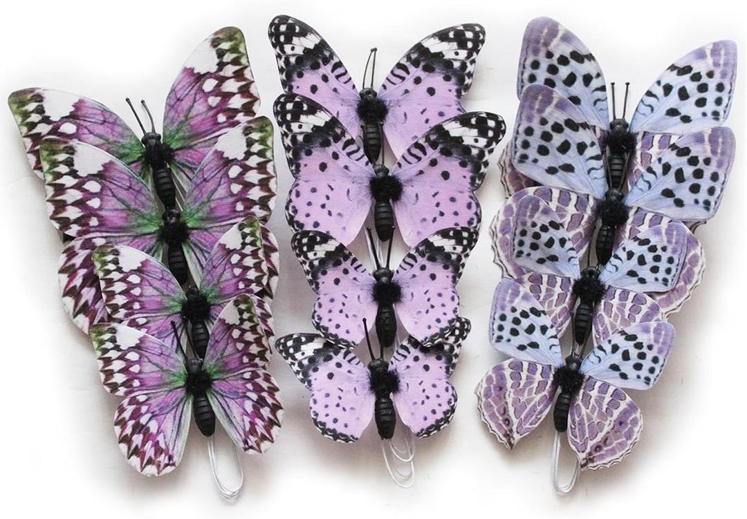 12 Pack DIY 3D Butterfly Stakes Decor - 2 Sizes of Butterfly Ornament for Home Fake Flower Floral Supplies Tea Party Wedding Easter Christmas Spring Fall. (Purple 02)