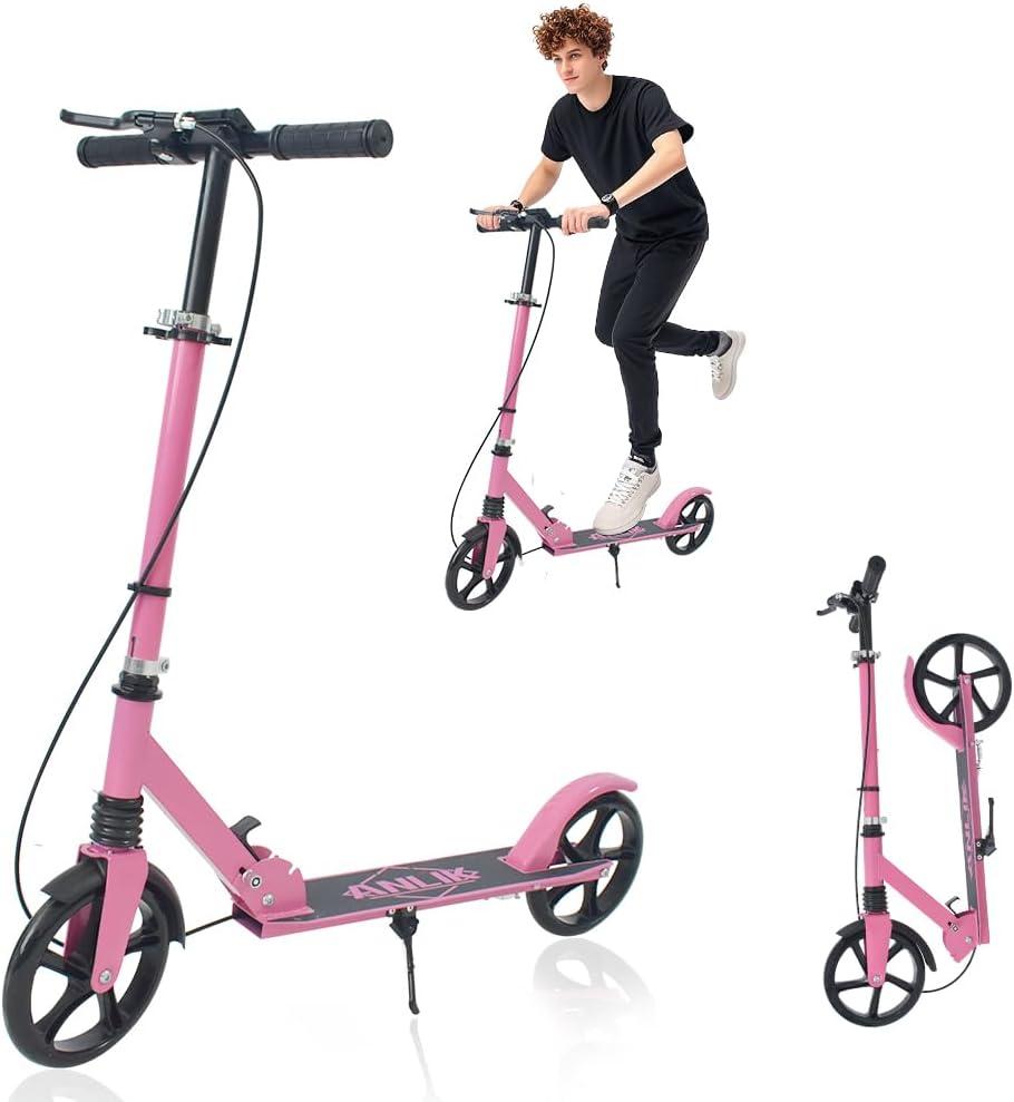 Dual-Brake Shock-Absorbing Kick Scooter, Anti-Skid PU Wheels, 4 Height-Adjustable Positions, Wider Pedals, Suitable for Children Over 6 Years Old, Teenagers & Adults (Pink)