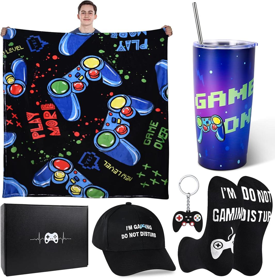 VAIPI Gamer Gifts for Men, Cool Gaming Stuff Gifts with Gaming Throw Blanket 20 oz Tumbler Hat Socks Keychain Fathers Day Gift Ideas for Game Lovers, Men, Dad, Teen, Boyfriend, Teenage Boys